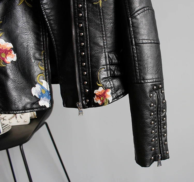 Ly Varey Lin Floral Print Embroidery Faux Soft Leather Jacket Women Pu Motorcycle Coat Female Black Punk Zipper Rivet Outerwear