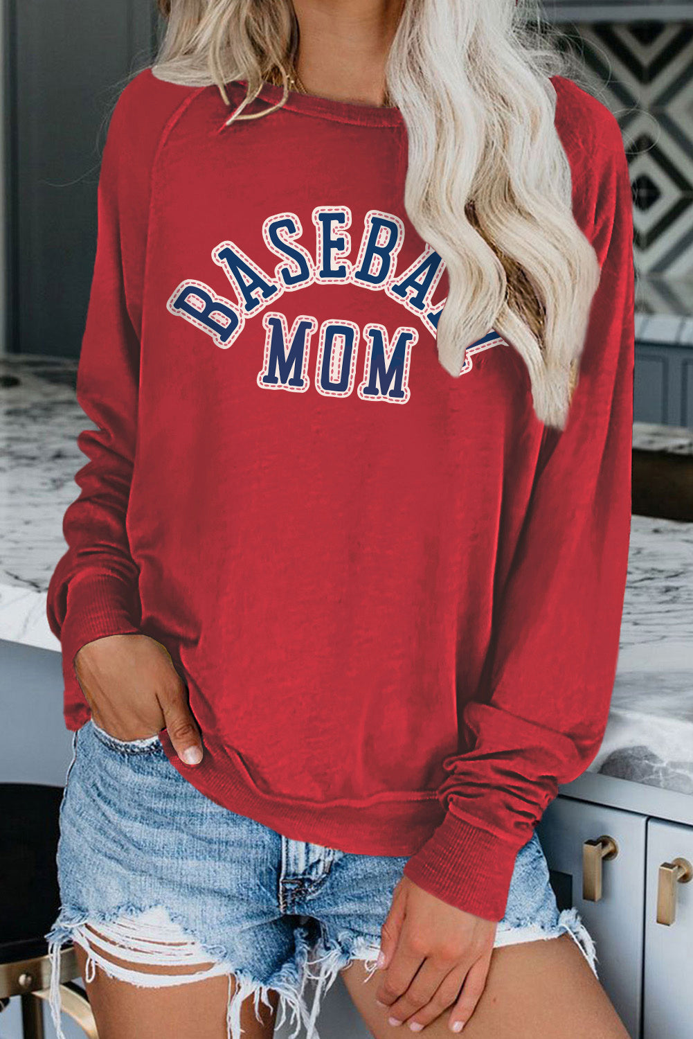 Fiery Red Baseball Mom French Terry Cotton Blend Sweatshirt