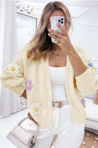 Beige Cute Flower Embellished Buttoned Cardigan Sweater