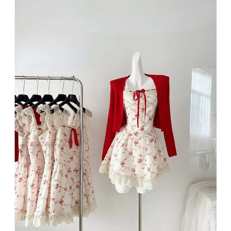 2024 New Sweet Floral Dress Set Woman Casual Red Short Cardigan Elegant Lace Y2k Mini Dress Beach Korean Fashion Clothing Suit