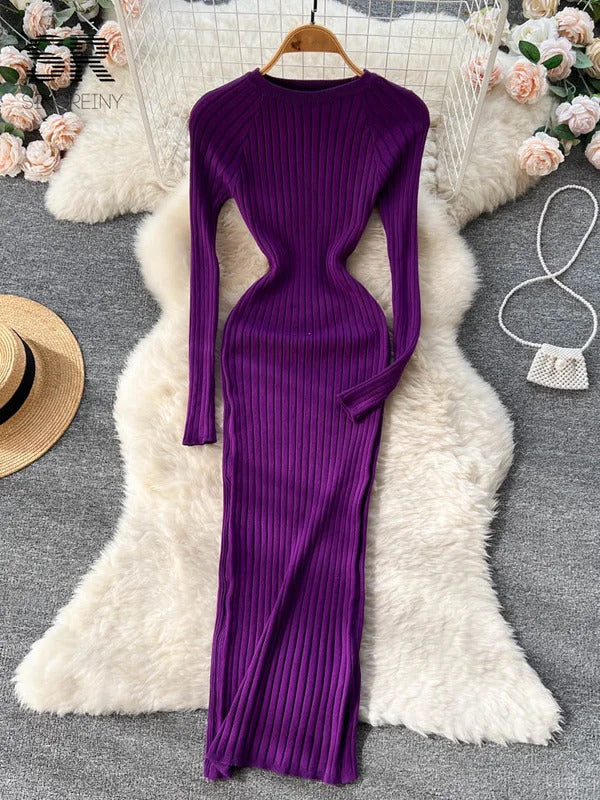 SINGREINY Winter Women Knit Maxi Dress O Neck Autumn Long Sleeve Slim Solid Harajuku Ladies Fashion Pencil Sweater Long Dresses