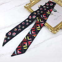 2024 Spring Border New Geometric Diamond Small Flowers Women's Decorative Small Silk Scarf Bundle Bag Handle Ribbon Small Scarf