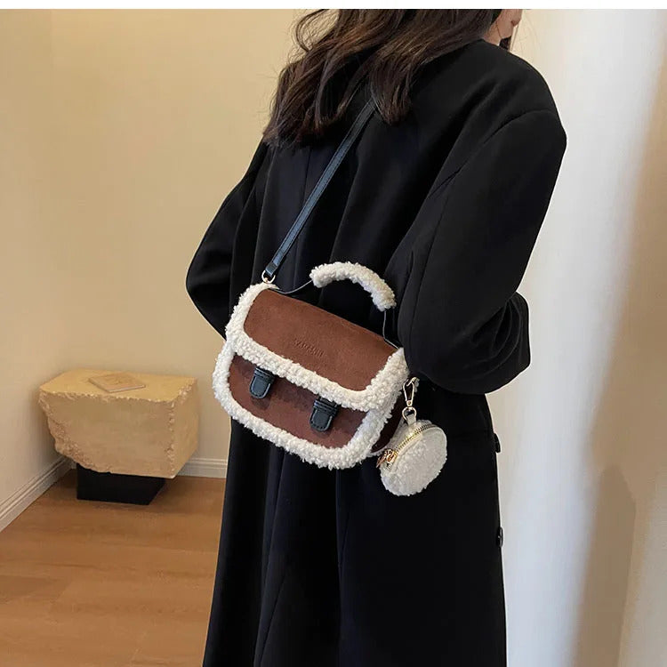 2023 Winter New Women's Plush Small Square Bag Color Contrast Design Single Shoulder Crossbody Bag Brown Handbag