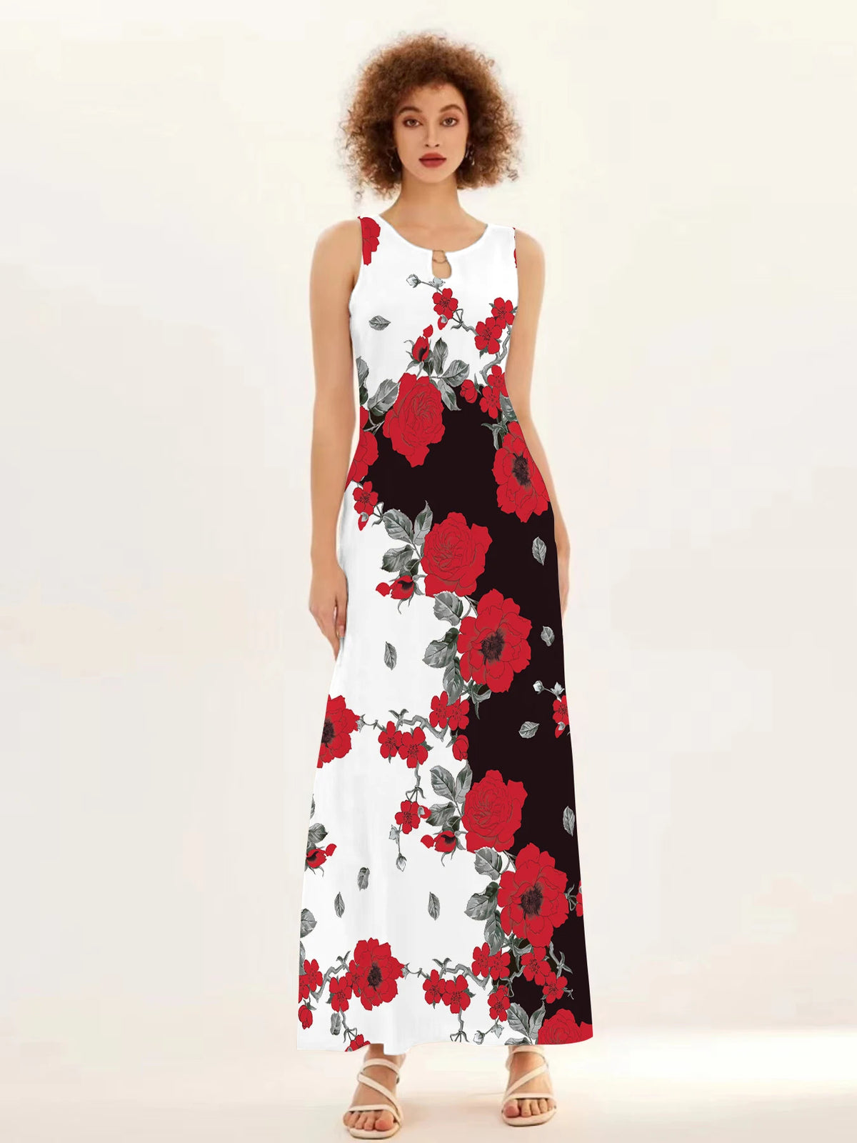 Flower Print New Casual Sleeveless Long Dress Women's V-Neck Printed Dress Swing Bohemian Retro Dresses