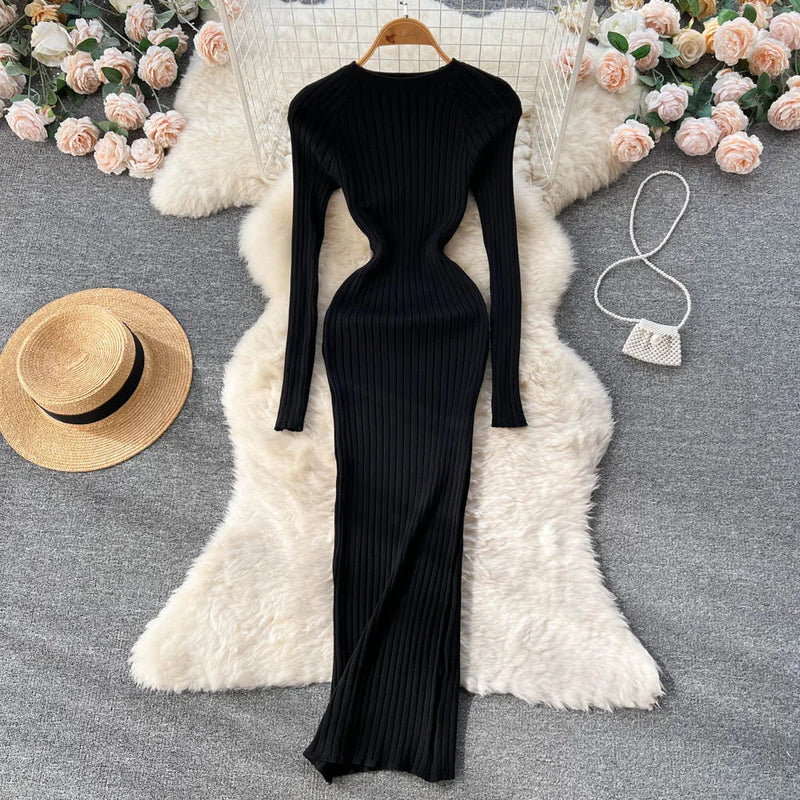 SINGREINY Winter Women Knit Maxi Dress O Neck Autumn Long Sleeve Slim Solid Harajuku Ladies Fashion Pencil Sweater Long Dresses