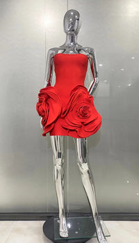 2024 Stereoscopic Flowers Strapless Red Bandage Mini Evening Dress Fashion Woman Birthday Party Dress Celebrity Party Outfit