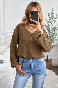 Brown Buttoned Drop Shoulder Knitted Sweater