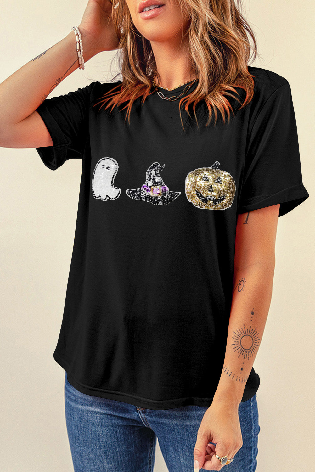 Black Halloween Sequin Pattern Patched Crewneck Tee