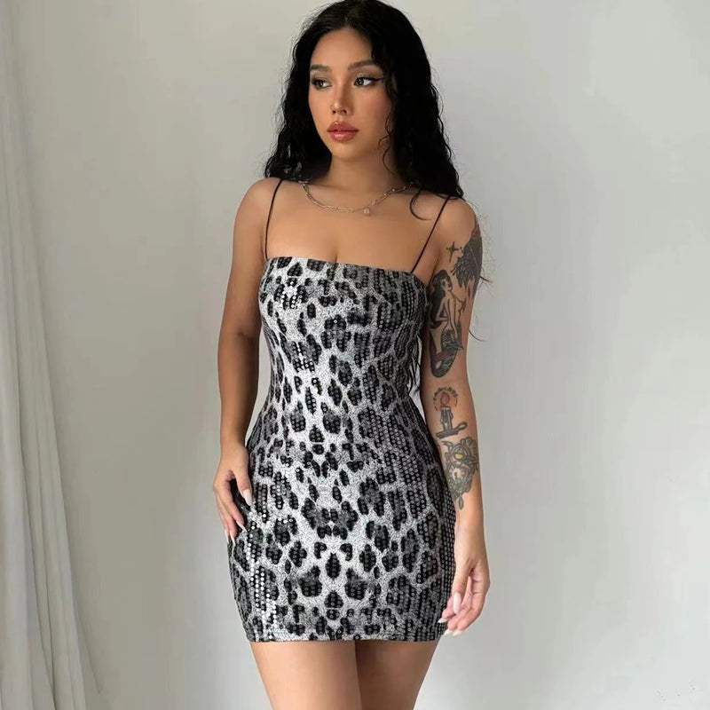 Dulzura Leopard Print Spaghetti Shoulder Strap Square Collar Mini Dress Sparkly Sequins 2023 Summer Women Party Club Y2K Clothes