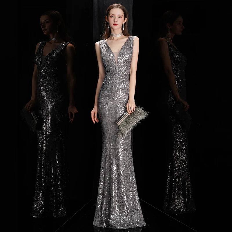 DEERVEADO Elegant V Neck Sequin Evening Dress Long 2023 New Women Mermaid Formal Dress Party Gown Bodycon Maxi Prom Dress