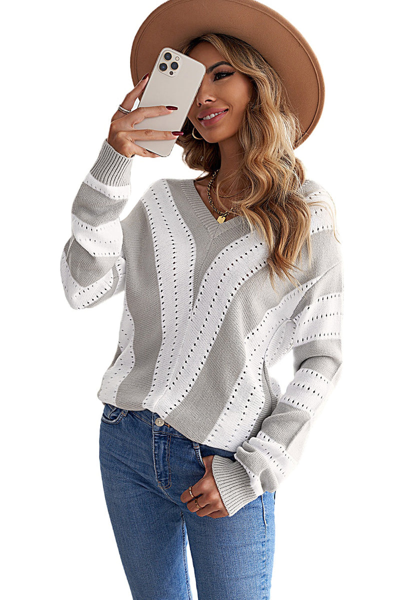 Gray Striped Colorblock V Neck Knitted Sweater