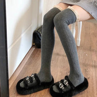 Socks Woman Autumn/Winter Solid Color Thigh High Lace Cute Lolita Thick Warm Stockings Black White Long Leg Socks for Women