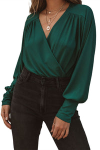 Green Ribbed Texture Drape Front V Neck Bodysuit