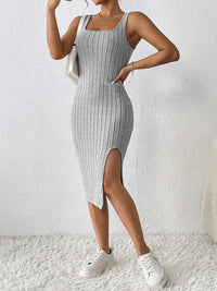 Women Summer Style Knitted Suspender Dress Lady Sleeveless Square Collar Side Slit Skirt Dress Vestidos