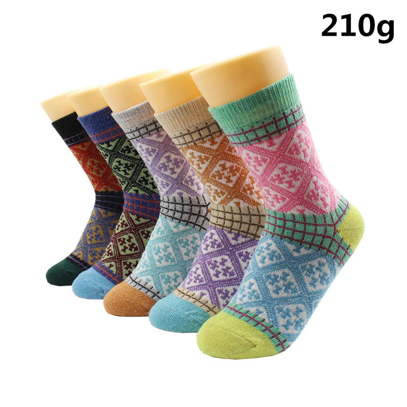 5 Pairs Winter Warmer Women Thicken Thermal Wool Cashmere Snow Socks Fashion Casual Euramerican National Wool Socks for Women