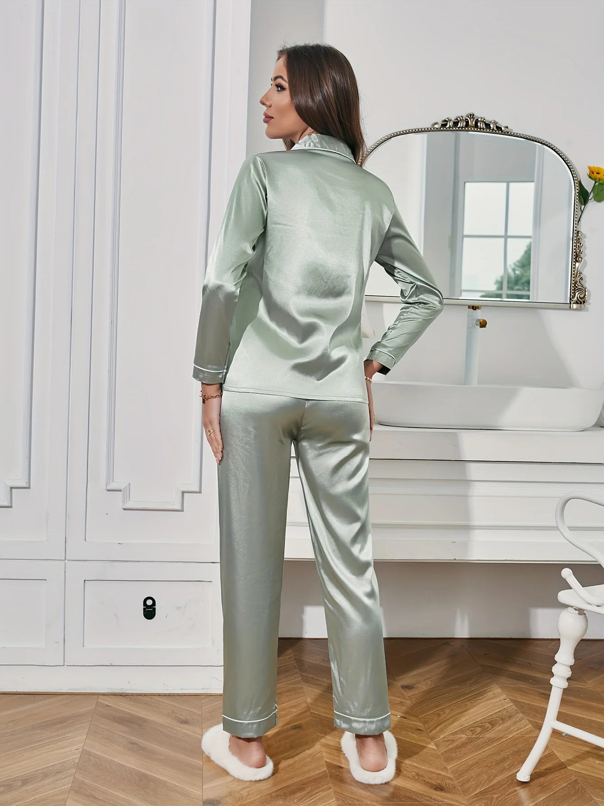 Solid Pajama Set Long Sleeve Button Up Lapel Top & Pants Pj Set Women's Sleepwear & Loungewear