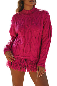 Rose High Neck Cable Knit Tasseled Sweater