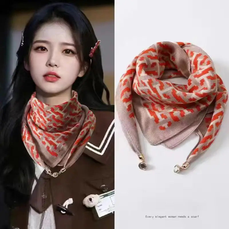 2025 new magnetic buckle silk scarf for women's small square scarf for autumn and winter warmth and cold resistance, fashionabl