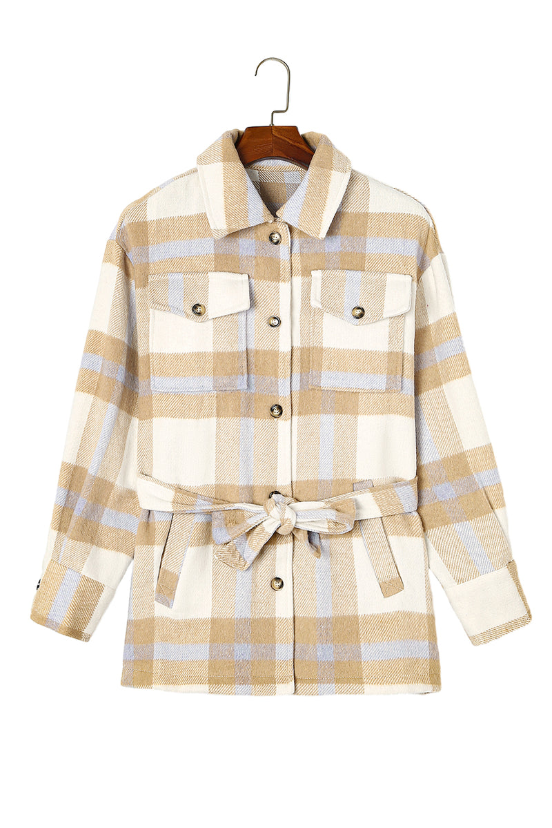 Khaki Plaid Button-Up Flap Pocket Shacket