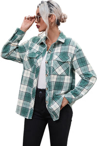 Green Plaid Pattern Flap Pockets Shirt