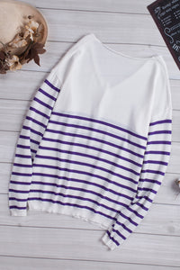 White Striped V Neck Long Sleeve Sweater