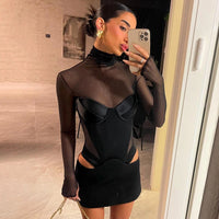 Sexy Mesh Turtleneck Long Sleeve Satin Cut Out Mini Dress Women Pullover Bodycon Short Club Evening Dresses Fashion Party Wear