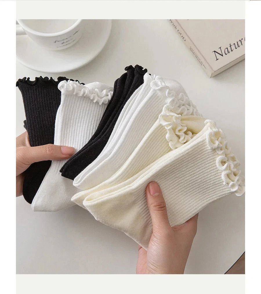 5 /10 Pairs Lot Socks for Women Ruffle Middle Tube Ankle Short Breathable Black White Set Spring Autumn