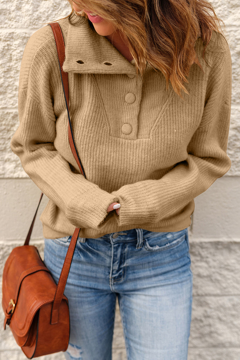 Khaki Buttoned Turn Down Collar Comfy Ribbed Sweater