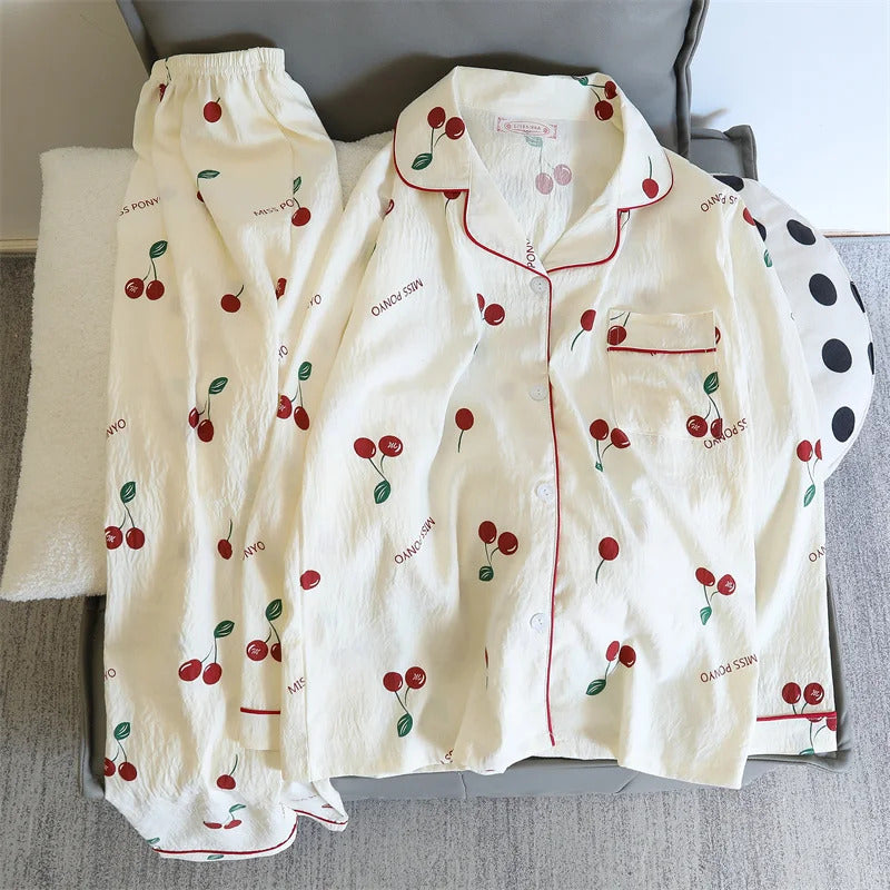 Cherries Print Two Pieces Pajamas Set Autumn Faux Cotton Pajamas Korean Fashion Home Clothes Ladies Pants and Top Set Pijamas