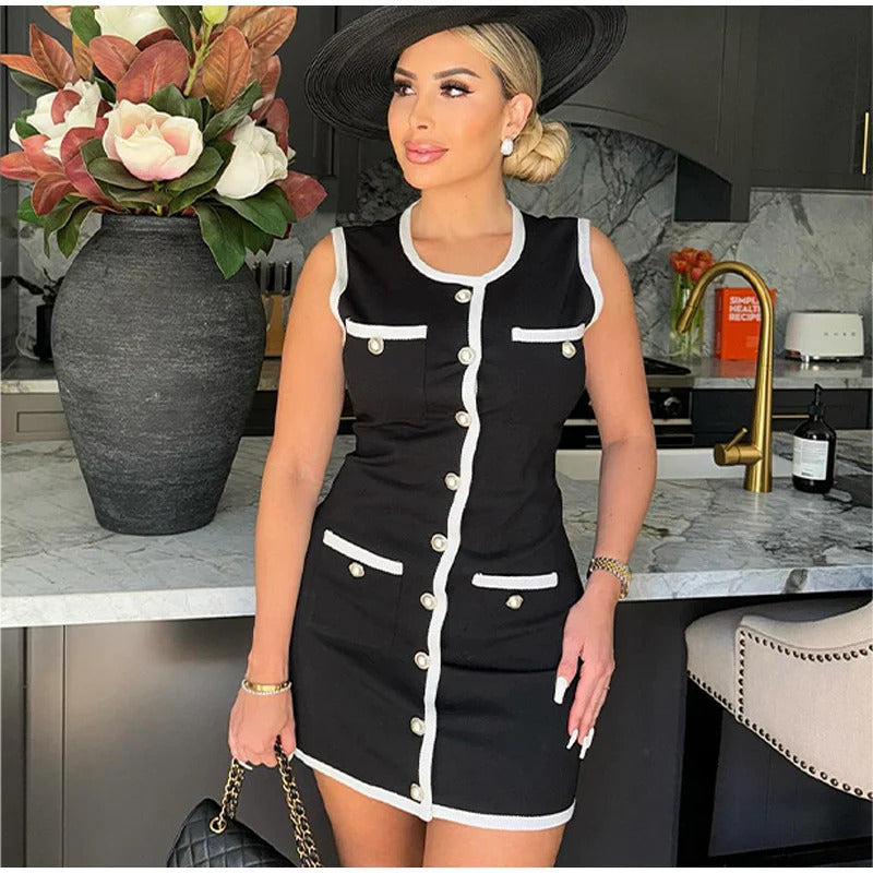 Women's Sexy Color Blocking Knitted O-neck Mini Dress Elegant Sleeveless High Waist Pleated Dresses Lady High Streetwear Robes