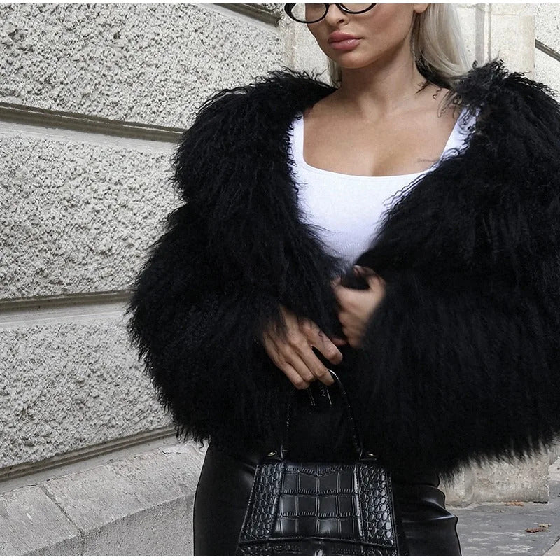 2024 Winter Furry Faux Fur Coat Women Black Luxury Round Neck Full Sleeves Plush Coat Lady Thick Warm Chic High Streetwear