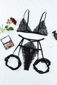 Black Hollow-out Lace Bralette Set with Garter Belt