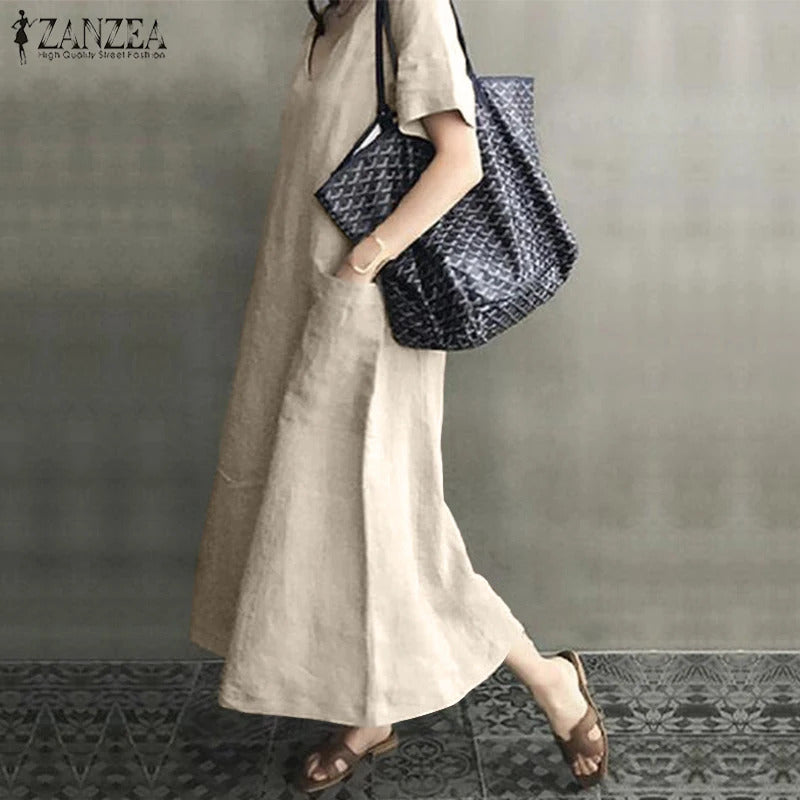 ZANZEA 2023 Women Long Maxi Summer Dress Casual Cotton Linen  Ladies Big Pockets Beach Party Robe Femme Vestidos