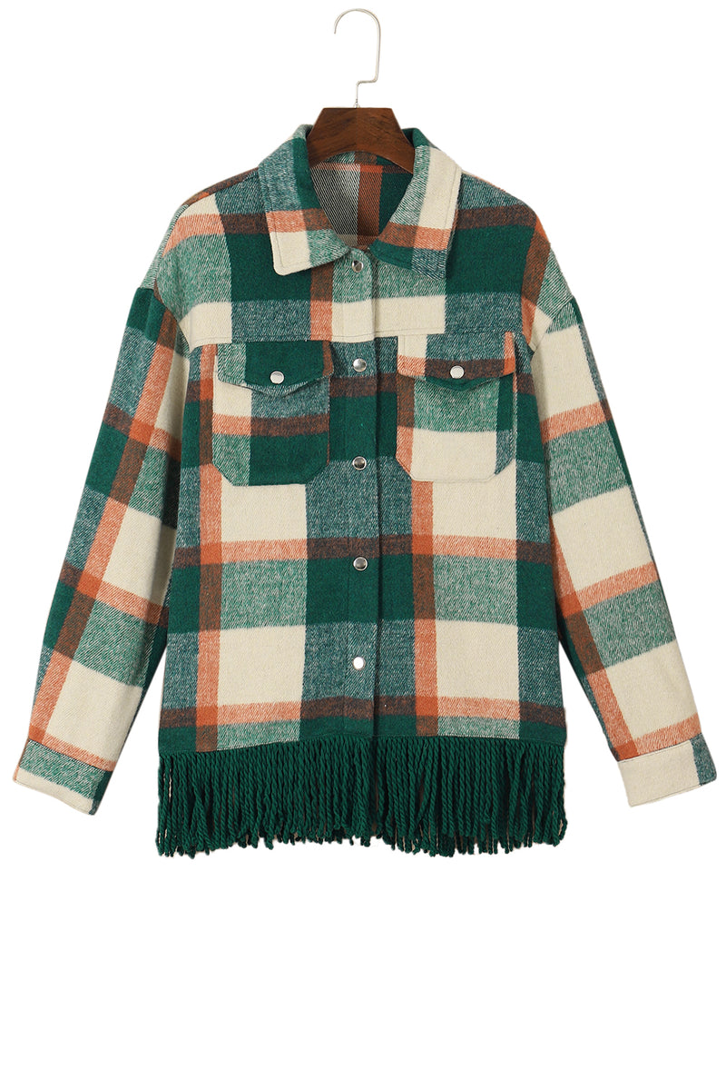 Sea Green Plaid Snap Button Pocket Fringed Hem Jacket