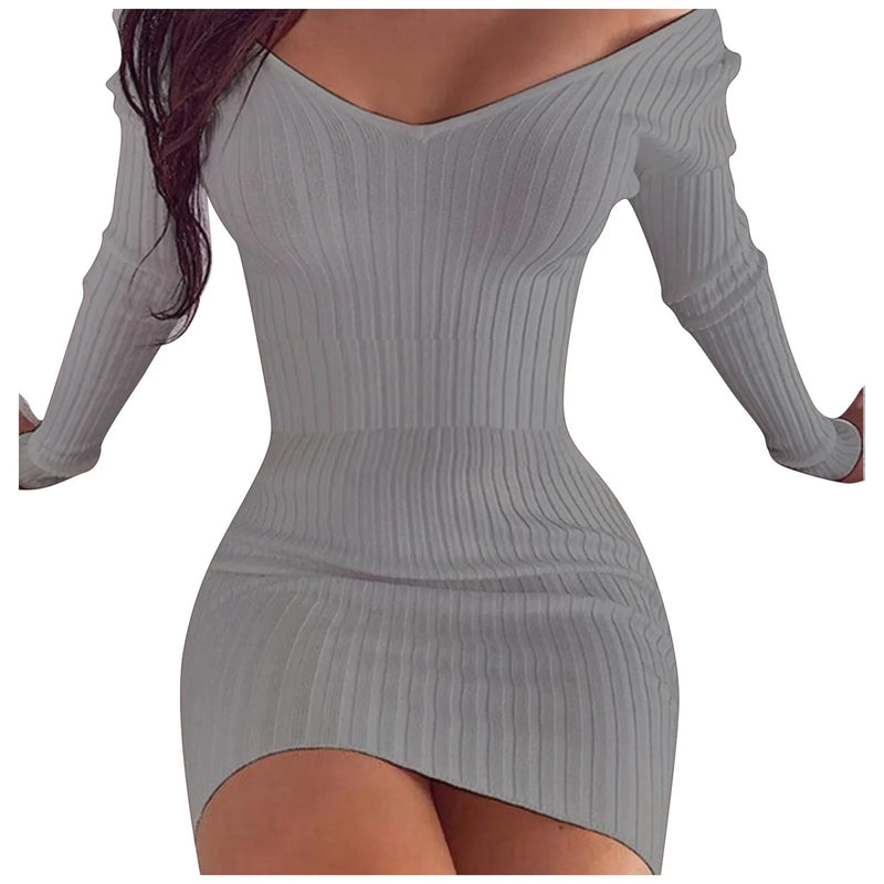 Sexy Off Shoulder Long Sleeve Bodycon Dress For Women 2024 Spring Autumn White Knitted Sweater Mini Woman Dresses Robe Femme