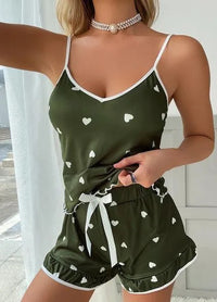 Two Piece Set Ladies Summer Ice Silk Camisole Shorts Pajamas Women's Fashion Soft Sexy Cute Floral Elastic Suspenders Homewear