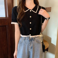 Sweet Women Shirt Korean Knitted Turn Down Collar Chic Short Sleeve Female Blouse Summer Retro Slim All Match Ladies Crop Tops