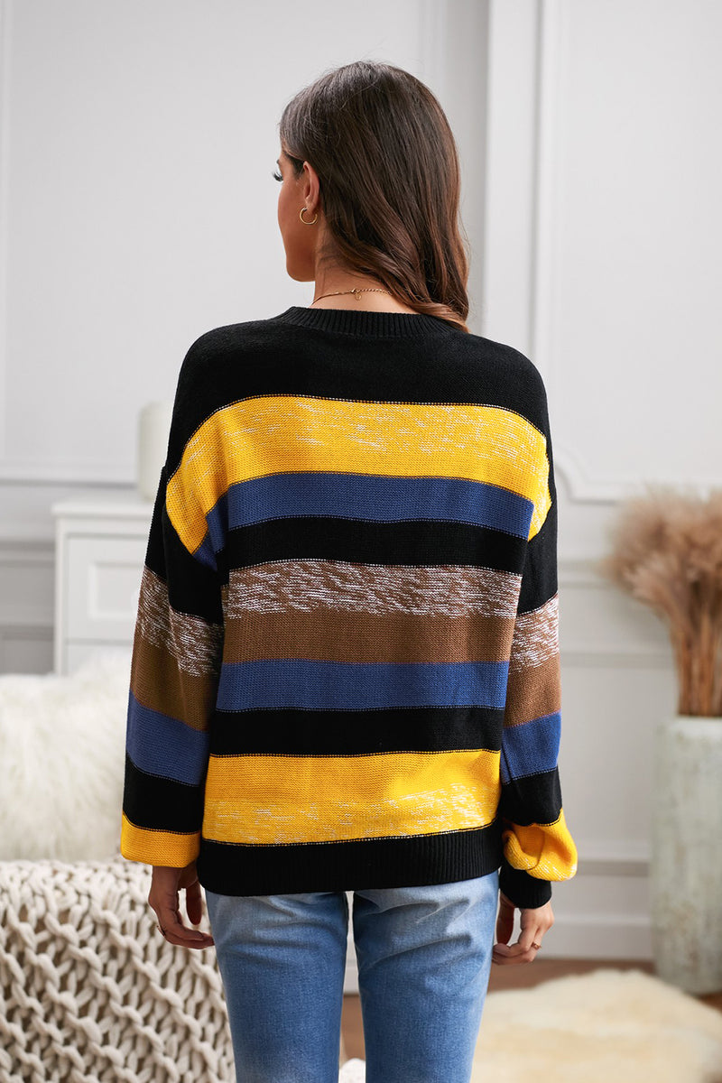 Multicolor Color Block Highlight Balloon Sleeve Sweater