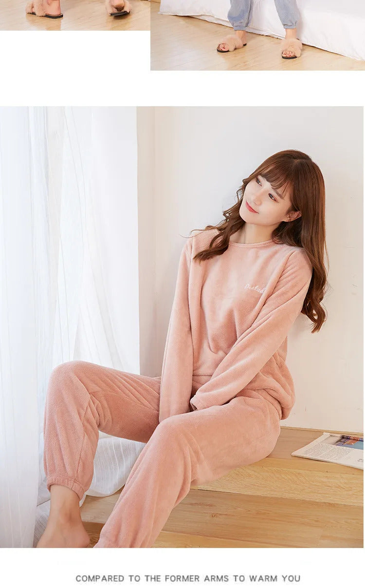 New Autumn Winter Pajamas Warm Coral Fleece Women Cozy Loose Set Top Homewear Long-sleeved lax 2 Piece Solid color Warm Pyjamas