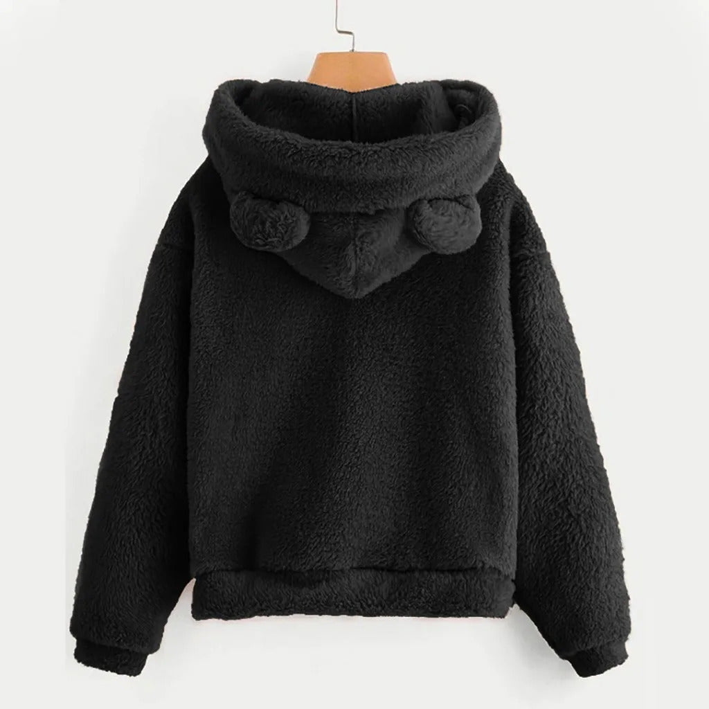 Women's Pullover Long Sleeve Fleece Sweatshirt Warm Bear Shape Fuzzy Hoodie Sweater Pullover