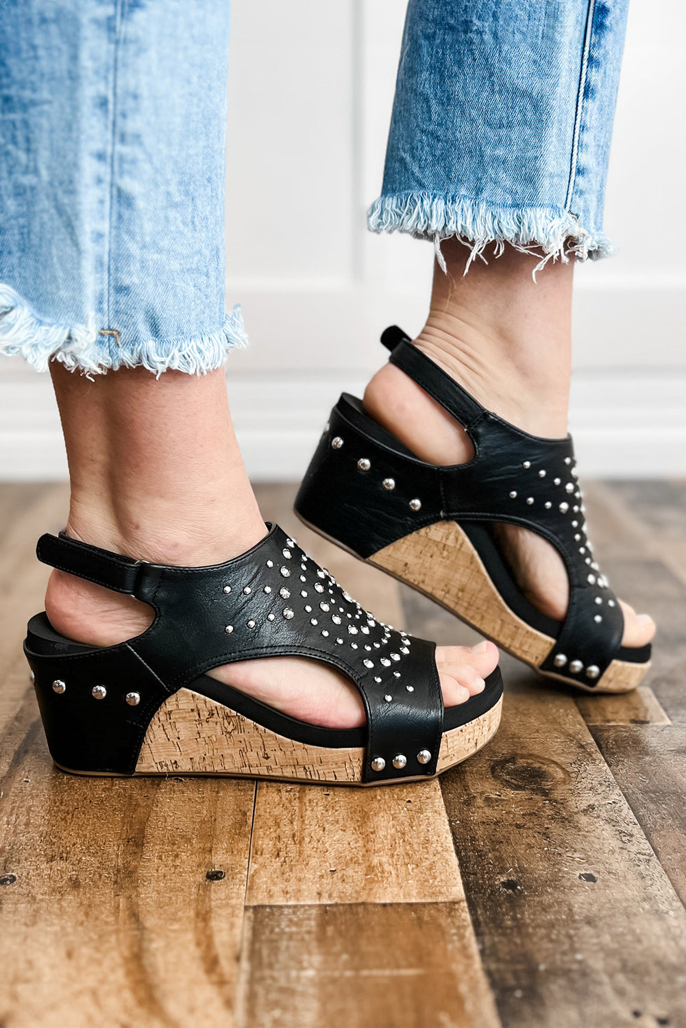 Black Rhinestone Stud Hollow Out Wedge Sandals