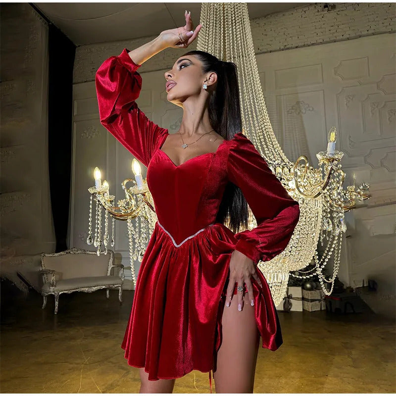 Elegant Velvet Strapless Mini Dresses Women Solid Off Shoulder Long Sleeved Dress Female 2025 Autumn Chic Evening Party Robes