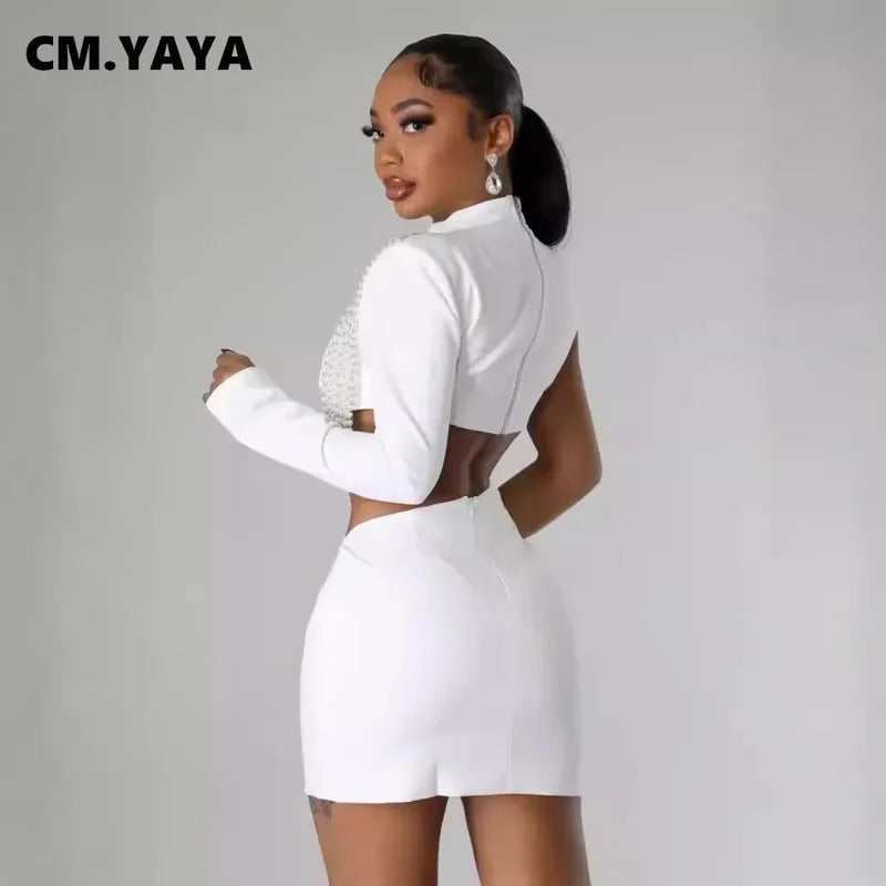 CM.YAYA Women Full Sleeve Elegant O-neck Mini Dress 2024 Summer Pearl String Sexy Street Night Club Party Vestidos Dresses