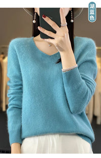 100% pure wool cashmere sweater women's V-neck pullover casual knit top autumn and winter women's coat Korean fashion