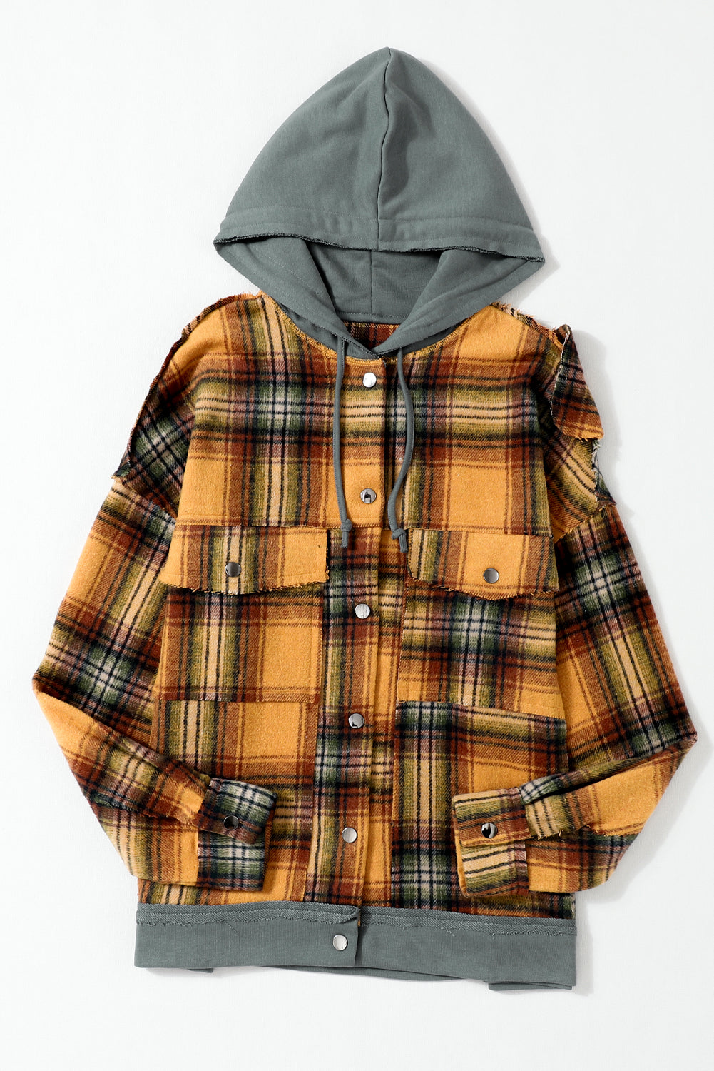 Medium Grey Plaid Patch Hooded Frayed Snap Button Jacket