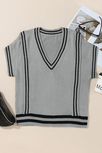 Gray V Neck Contrast Stripes Trims Short Sleeve Sweater