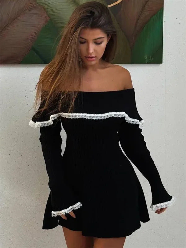 Tossy Knit Off-Shoulder Sweater Mini Dress Women's Lace Patchwork Ribbed Slim Backless Elegant Party Dress Knitwear Mini Dress