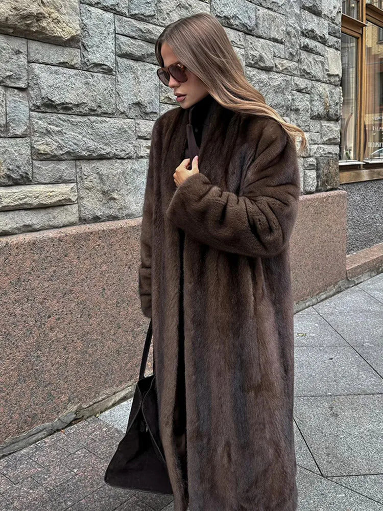 Dark Brown Faux Fur Long Overcoat For Women Fashion Lapel Single Breasted Loose Fluffy Plush Warm Coat Winter Thicken Outerwear