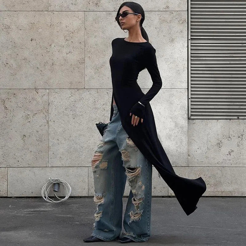 Trendix Black Asymmetrical Maxi Dress For Women's O Neck Long Sleeve Trendy Chic Top Club Party High Side Slit Dresses Autumn