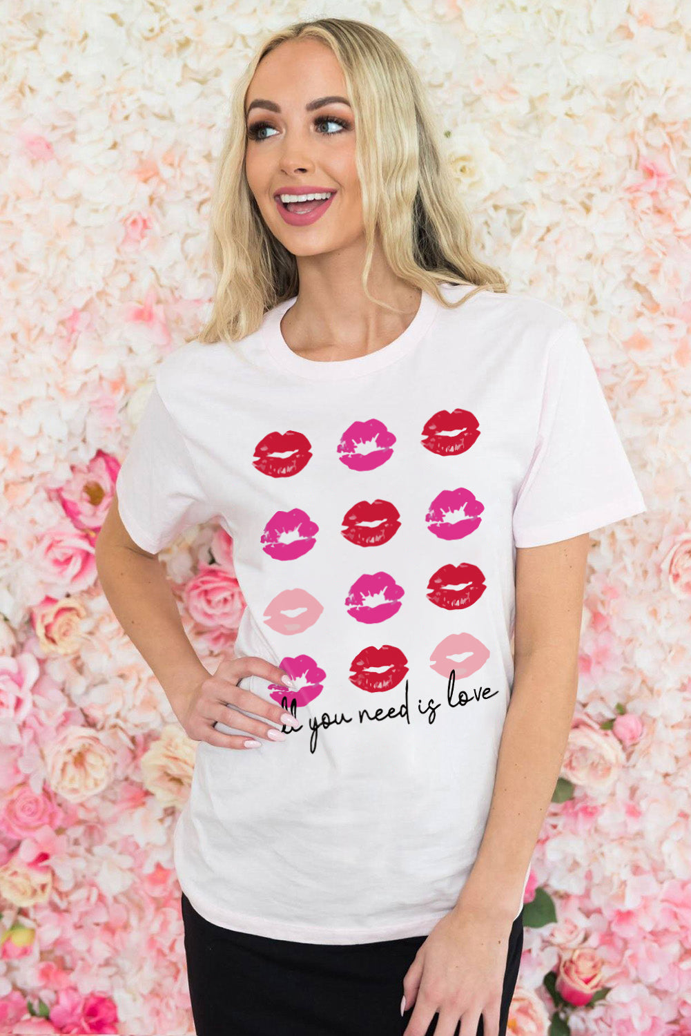 White all you need is love Valentines Kisses Graphic Tee